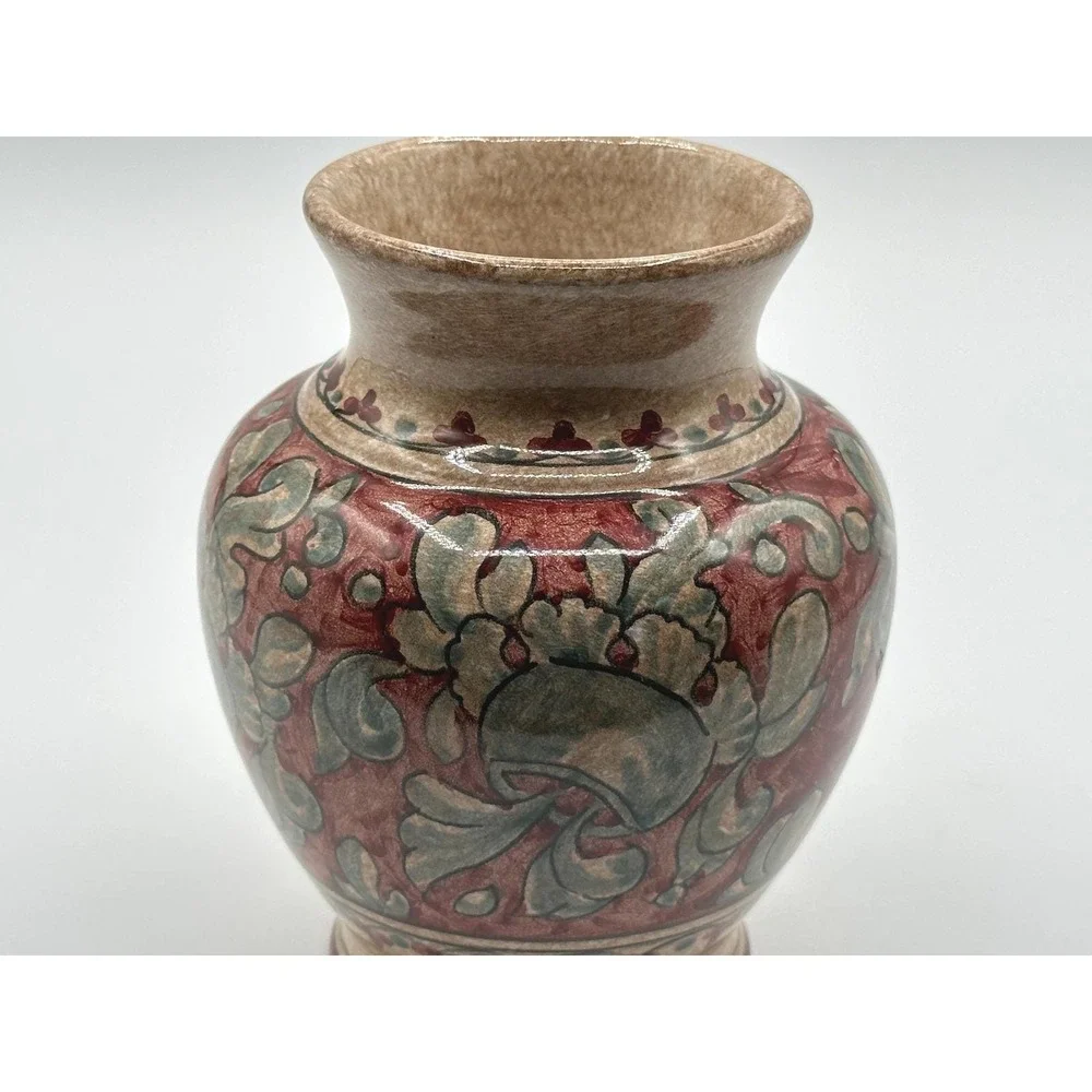 Biagioli Gubbio Italy Art Pottery Vase Hand Painted Floral Red Green Vintage 5